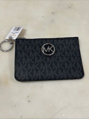 Michael Kors Black MK Monogram Zip Card Pouch with Keyring